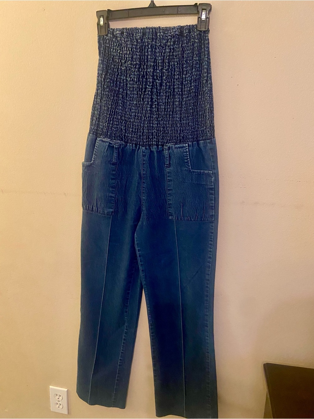 Smocked High-Waist Wide-Leg Jumpsuit Pants - Dark Blue